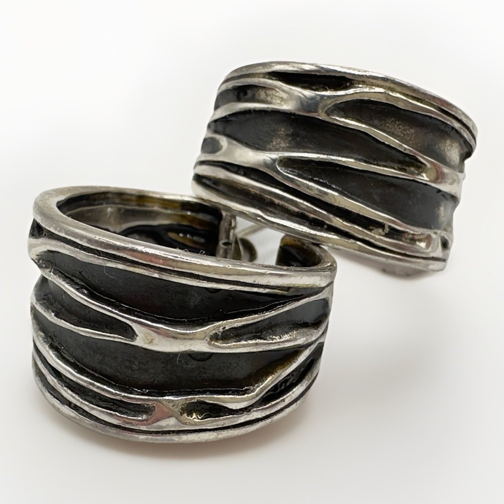 Sterling Silver Hoop Earrings Zebra Striped Black Wide Pierced 18.5g Brutalist